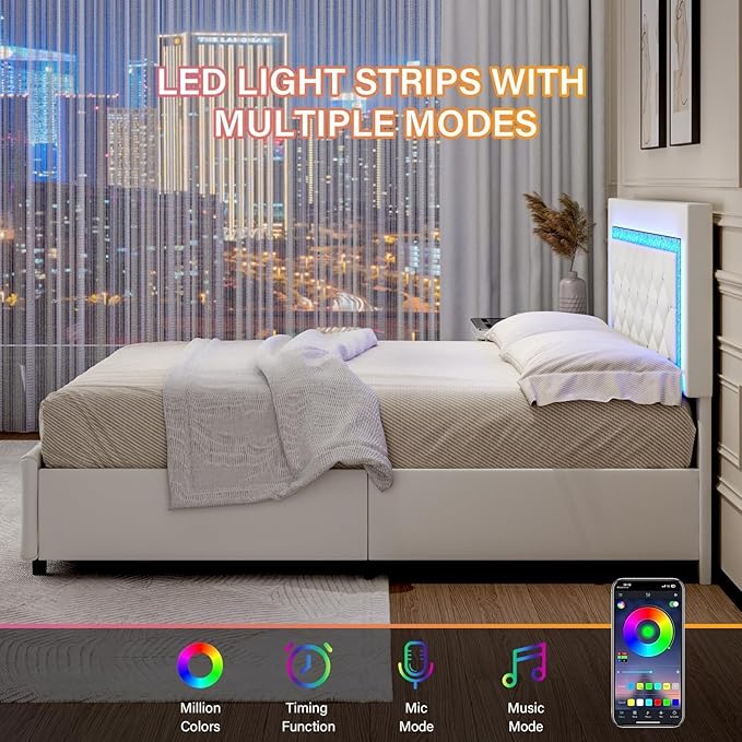 BarnFurin King Size Bed Frame with LED Lights and Storage Drawers, Upholstered Platform Bed with Diamond Tufted Headboard, Wooden Slats Support, No Box Spring Needed, Easy Assembly, White