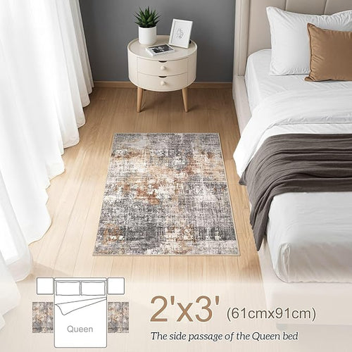 2x3 Entryway Area Rug: Washable Neutral Modern Abstract Small Rug - Non-Slip Low Pile Throw Indoor Carpet for Entrance Kitchen Front Door Mat Bathroom Entry Kids Room - Grey Brown