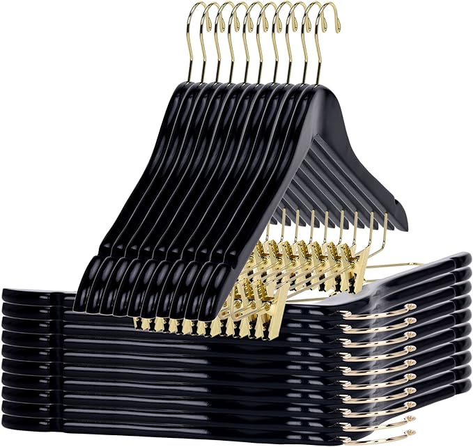 Quality Hangers Quality Wooden Skirt Hangers with Clips 80-Pack Black Pants Adjustable Gold Metal Clips, Swivel Hook, Coat, Jacket, Blouse Suit (Black - 80) 17.5''