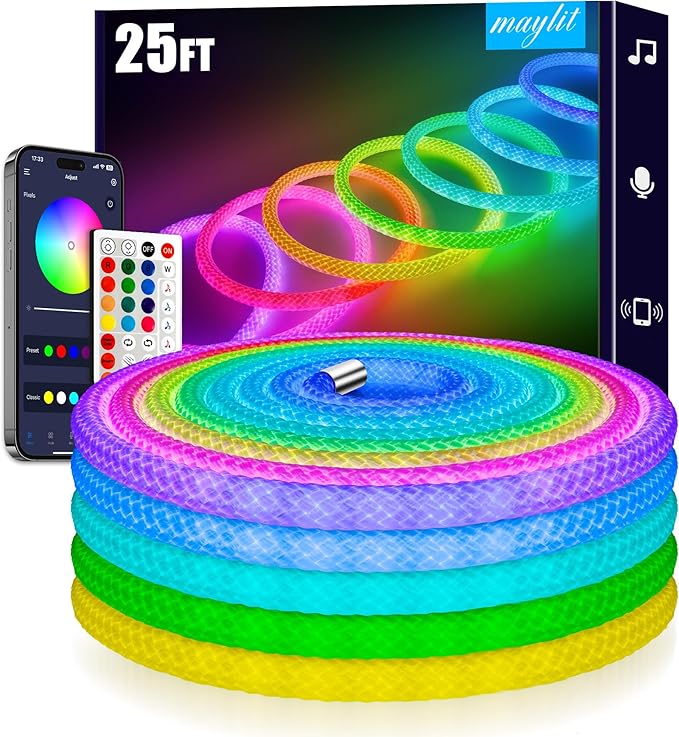 maylit 360 Degree Luminous Reticulate Weave Rope Lights, 25ft Addressable ICRGB LED Strip Lights, Music Sync, DIY Design, USB Powered Flexible LED Lights for Gaming Room Living Bedroom Wall Decor