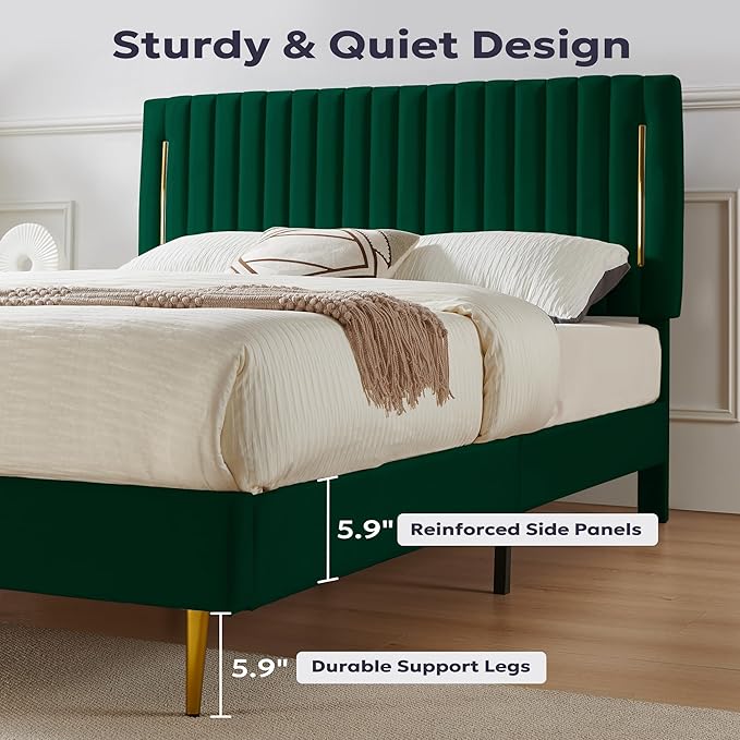 Full Platform Bed Frame, Velvet Upholstered Bedframe with Vertical Channel Adjustable Headboard, Golden Plating Trim, Mattress Foundation with Wooden Slats, No Box Spring Needed, Green