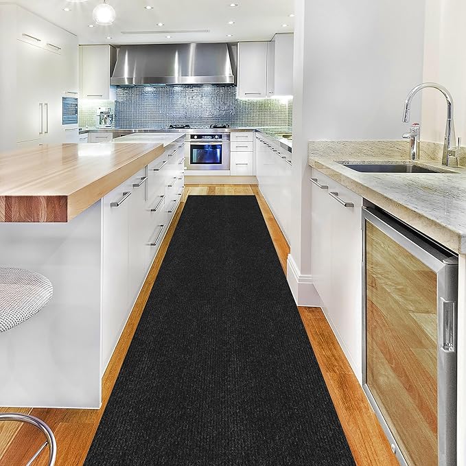 Ottomanson 2' x 49' Hallway Runner with Scraper Pile Extra Durable Non-Slip Rug Mat for Indoor & Outdoor Use - Ideal for Kitchen, Entryway, Patio & Garage - High-Traffic Carpet, Black
