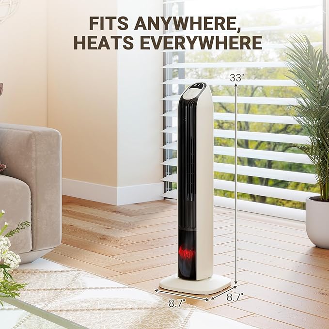 Zynkez 33" Space Heaters for Indoor Use Large Room, 1500W PTC Tower Fireplace Heater with 3D Flame, Room Heater w/Remote Control,12H Timer & Oscillation, Portable Electric Heaters for Bedroom, Beige