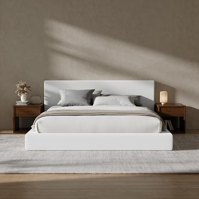 RECCI Cloud Upholstered Queen Bed Frame with Headboard, 5 Inch Foam Padded Platform, No Box Spring, Easy Assembly (Snow White)