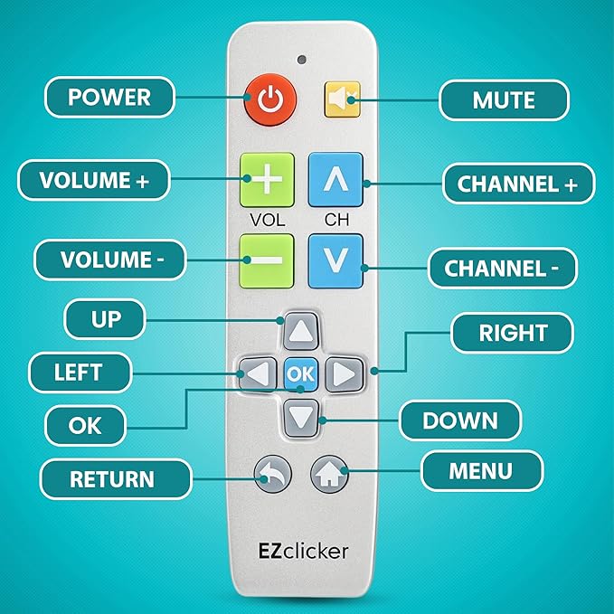 EZclicker Big Button Universal TV Remote (Silver) Simple Easy to Use, Great for Seniors, Works with Major TV Brands (2xAAA Batteries Not Included)