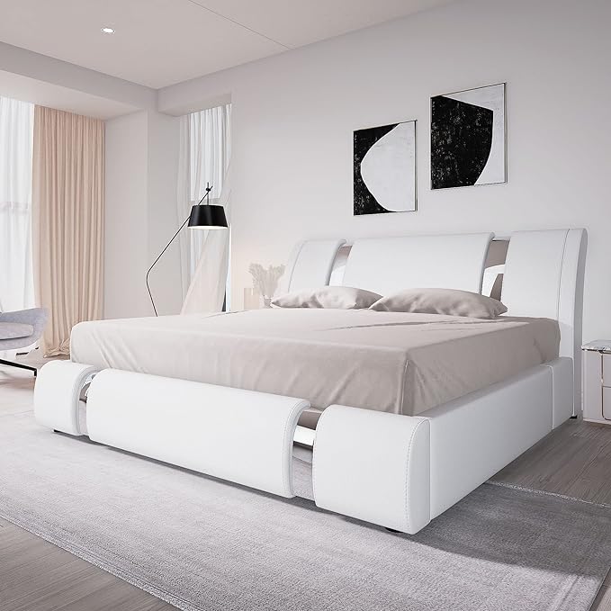 Allewie King Size Bed Frame with Iron Piece Decor, Faux Leather Upholstered Platform Bed with Curved Adjustable Headboard, Wooden Slats Support, No Box Spring Needed, Modern White