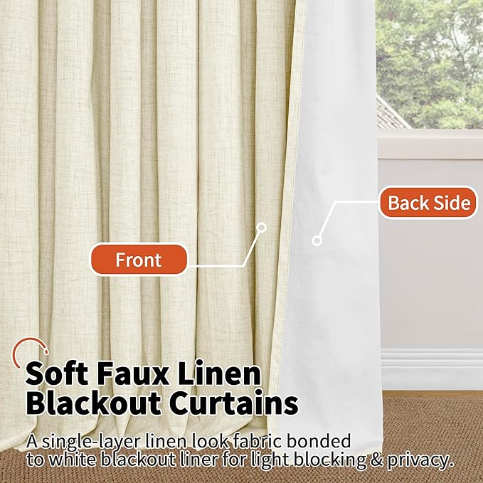Cream 100% Blackout Curtains for Living Room 84 Inch Length 2 Panels Set, Thermal Insulated Light Blocking Faux Linen Curtains for Bedroom, Bronze Grommet Boho Window Drape Each 52" Wide