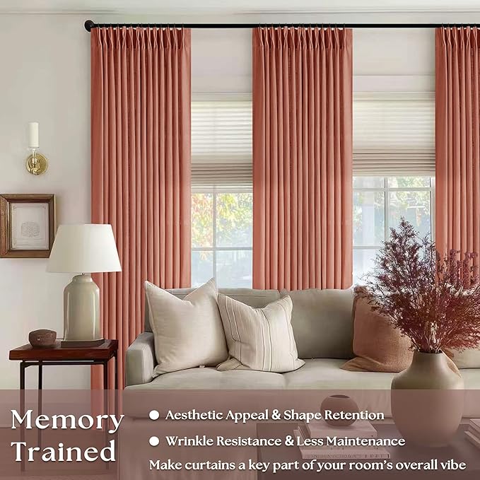 Pinch Pleated Terracotta Linen Curtains 84 Inches Long 2 Panels Set for Living Room Dining Pinch Pleat Back Tab Light Filtering Farmhouse Boho Retro Window Curtain Drapes Red Clay Autumn Fall Decor