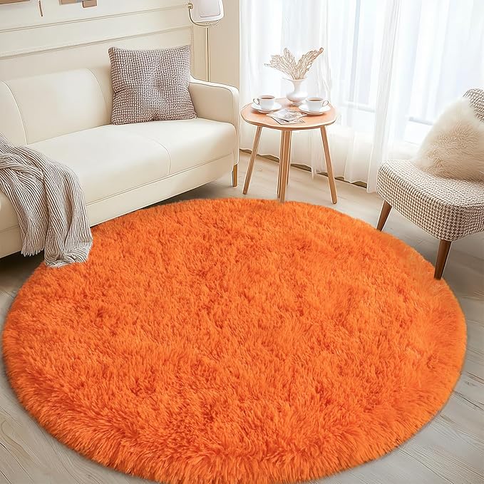 Round Orange Rug for Bedroom, 4 ft Circle Area Rugs for Living Room, Soft Fluffy Shag Carpet for Teen Girls Boys Nursery Room Dorm Home Decor Aesthetic