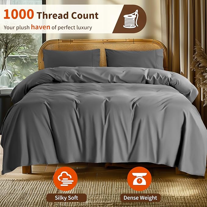 LBRO2M 1000 Thread Count 100% Egyptian Cotton Sheets Set Twin, 3 Piece Sets Bed Sheet Deep Pocket Sheet Set 16" Soft Comfortable All Season (Twin, Dark Grey)
