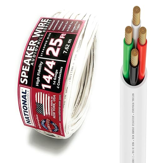 NATIONAL Wire&Cable - 14/4 Audiophile Speaker Wire (25 Feet) 14AWG Gauge - Made in USA - in Wall Audio Speaker Wire Cable/CL Rated/ETL Listed / 2 Conductors - OFC Oxygen-Free Copper, White 25ft