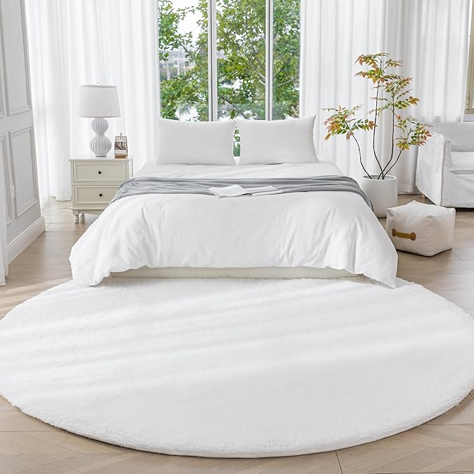 Amazon Basics Fluffy Washable Round Area Rug, Circle Shaggy Carpet for Living Room, Bedroom, Nursery, 7'R, Cream