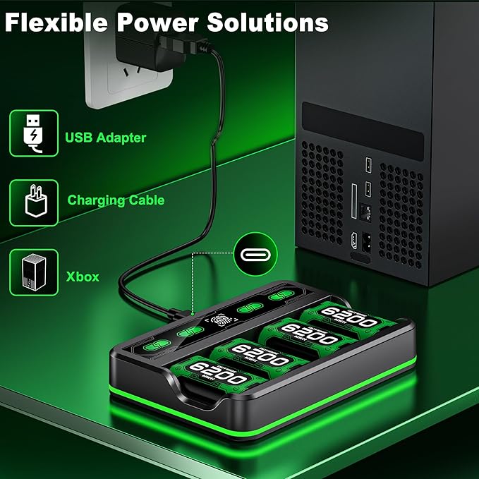 Upgraded Fast Charging Rechargeable Battery Pack for Xbox -4x6200mWh Batteries with Light Control &Charger Dock -Compatible with Xbox Series X|S,One S/X,Elite Controllers, Cases and Storage Sets,Black