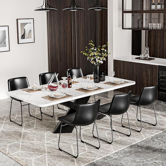 Dining Chairs Set of 2, 18 Inch Faux Leather Kitchen Dining Chairs with Back, Modern Armless Dining Room Chair with Metal Legs for Home Bistro Coffee Shops (Black)