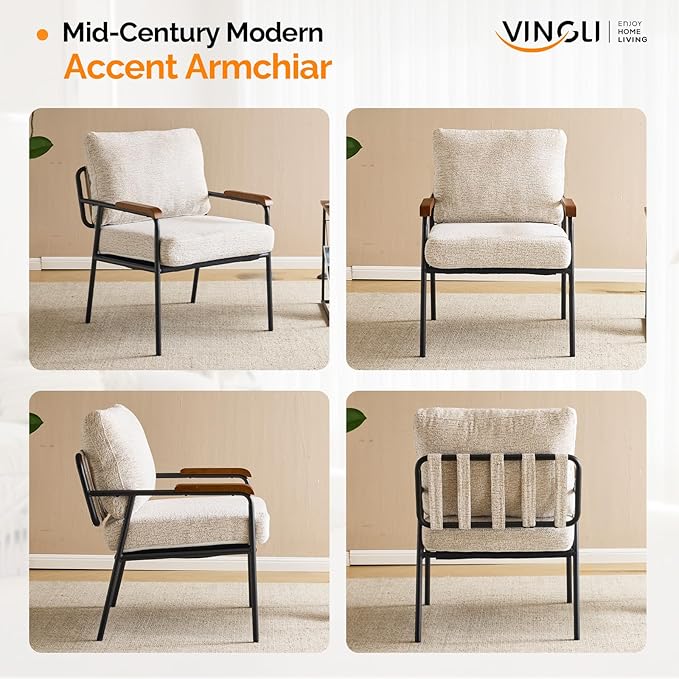 VINGLI Mid-Century Modern Accent Armchiars Set of 2 for Small Space, Small Comfy Upholstered Leisure Reading Chairs with Wood Armrests for Bedroom, Living Room, Waiting Room, Linen Beige