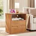 LEYAOYAO Fluted Nightstand with Charging Station, 23" Modern Night Stand with Woodgrain Top, 2 Drawers End Table w/Storage, Bedside Tables for Bedroom, Living Room, Curved Profile Design,Brown