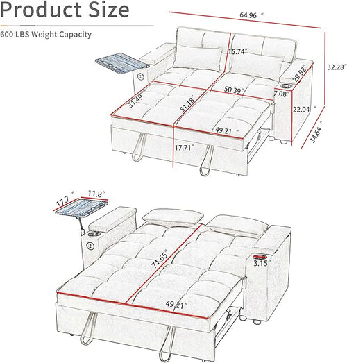 66" Multi-Functional Pull-Out Sofa Bed with Hidden Side Table, Storage Armrests, Built-in Charging Port, Spring Mattress, Solid Wood Frame – Ideal for Small Spaces, Easy Assembly
