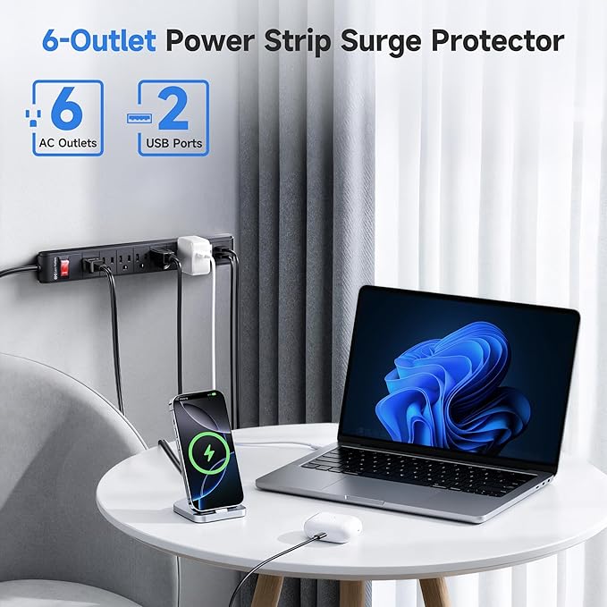 [ETL Listed] Cable Matters 2-Pack 6-Outlet Surge Protector Power Strip with USB Ports - 8ft, Long Extension Cord, Surge Protector with USB Ports, Black