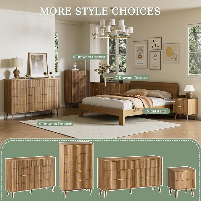 LYNSOM Fluted 5 Drawers Dresser, 45" Tall Modern Chest of Drawers with Curved Profile Design and Metal Handle, Wood Drawer Organizer for Bedroom, Living Room, Hallway, Entryway, Walnut