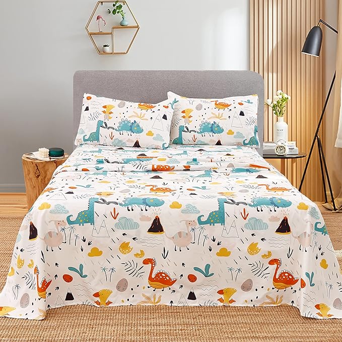 JSD Kids Dinosaur Sheet Set Twin Size, 3 Piece Soft Printed Microfiber Bed Sheets for Boys Girls Deep Pocket