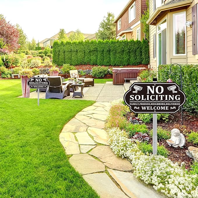 No Soliciting Sign for House, No Soliciting Signs for Front Door with Long Stake, Heavy Duty Aluminum Yard Signs UV Protected Weather Resistant and Easy Install for Lawns Garden (14x7 inches Black)