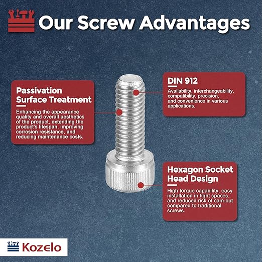 Kozelo 10pcs Socket Head Cap Screws - [M8-1.25 x 20mm] 304 Stainless Steel Allen Socket Drive for Electrical Motor 3D Printing Fan Engine Replacement Use, Silver