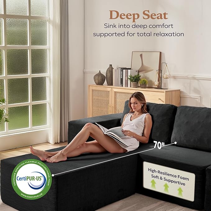 136" Cloud Sectional Couch, Left/Right Facing Convertible Sofa with Deep Seat, L-Shape Modular Upholstered Foam Couch for Living Room Bedroom, No Assembly Required (Corduroy Fabric, Black)