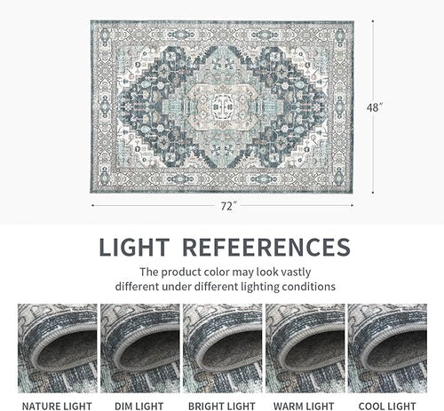 4x6 Vintage Washable Area Rug for Living Room,Low Pile Non Slip Carpet Non-Shedding Small Area Rug Soft Indoor Stain Resistant Rug Boho Print Mat for Bedroom Dining Room Blue Beige Multi