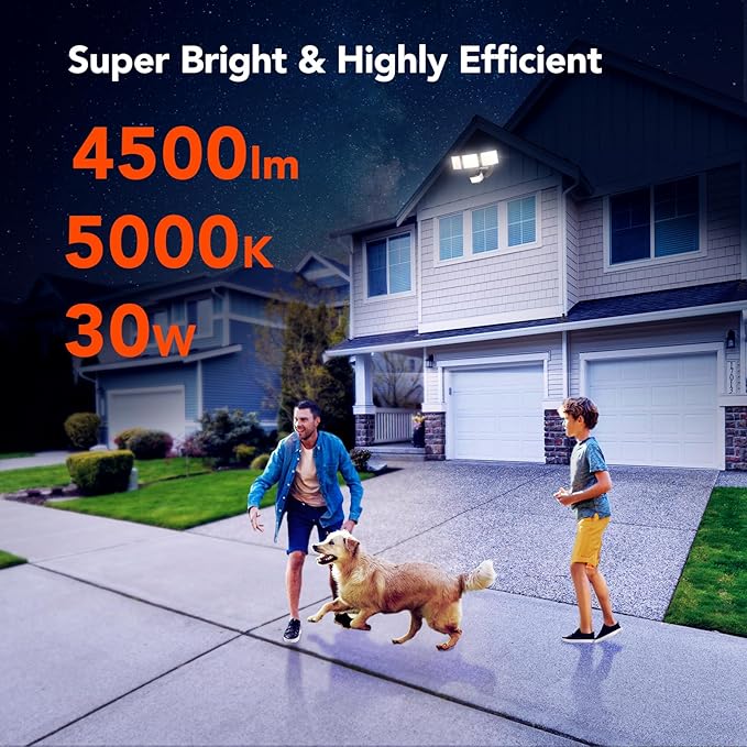 OREiN 2 Pack Motion Sensor Outdoor Flood Light, 30W 4500LM LED Security Light with 180° 40FT Detection, Dusk to Dawn/Auto/Test Modes, IP65 Waterproof Hardwired Floodlight for Yard, Garage, Driveway