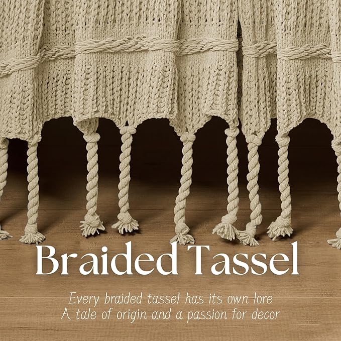 Boho Knitted Chenille Blanket with Tassels - Lightweight & Soft All-Season Throw - 3D Classic Pattern for Living Room Bedroom Couch, Sandy Beige, Queen 90"x90"