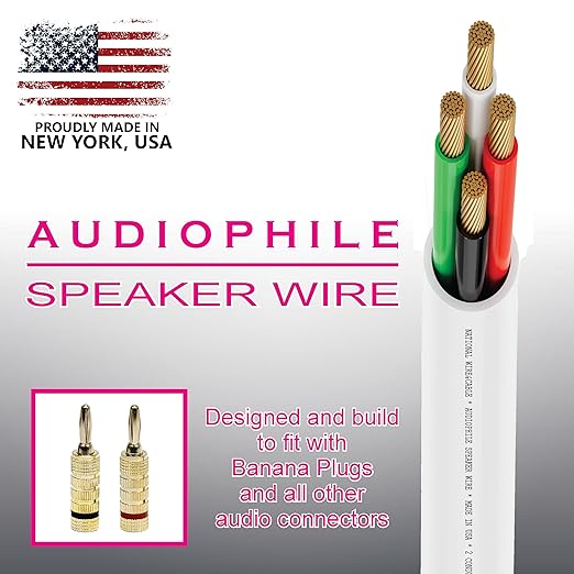 NATIONAL Wire&Cable - 14/4 Audiophile Speaker Wire (25 Feet) 14AWG Gauge - Made in USA - in Wall Audio Speaker Wire Cable/CL Rated/ETL Listed / 2 Conductors - OFC Oxygen-Free Copper, White 25ft