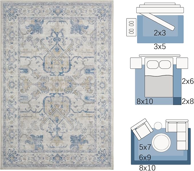 jinchan 5x7 Area Rugs Machine Washable Vintage Floral Throw Rug for Living Room Soft Ultra-Thin Low Pile Non-Slip Carpet for Kitchen, Bedroom, Dining Room, Nursery (5x7ft, Blue)