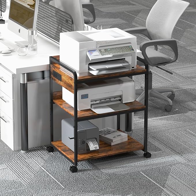 Livofloral 3 Tier Large Printer Stand with Wheels, 25.2 x 18.9 Inch Printer Stand with Power Outlet USB Port, Printer Table with Adjustable Storage Shelf for Home Office, Rustic Brown