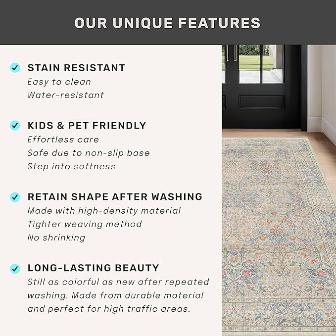 Floral 3x8 Wide Hallway Runner - Beige Blue with Lilic Accent, Boho Forest Decor, Washable Low Pile Non Slip Stain Resistant Rug for Long Kitchen, Large Bathroom, Hall Way