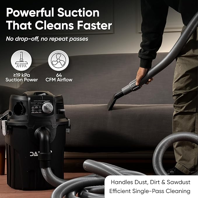 Dapper Supply 6 Gallon Wall Mount Wet/Dry Vacuum, 5.5 Peak HP, 30 Ft Hose, Vacuum & Blower, Includes Attachments for Garage, Car, Workshop & Jobsite