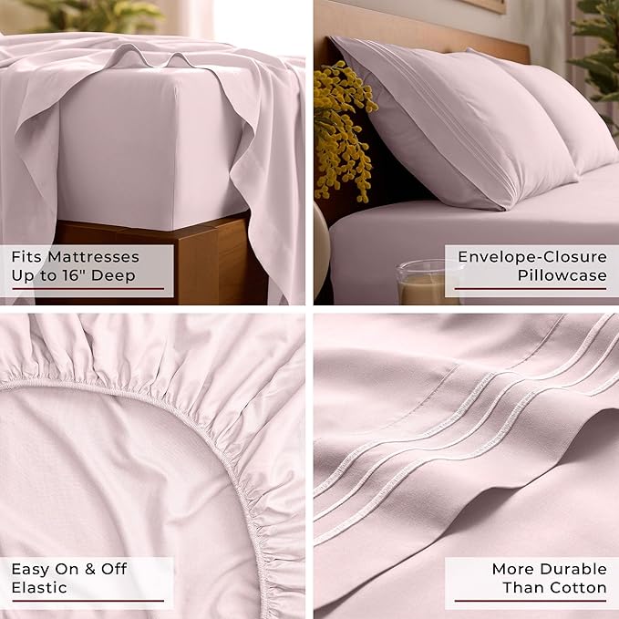 Mellanni Split King Sheet Set - 7-Piece Iconic Collection Bedding, (Including 4 Pillowcases), 16-Inch Deep Pocket, Easy Care, Extra Soft, Cooling Sheets, Brushed Microfiber - Blush Pink