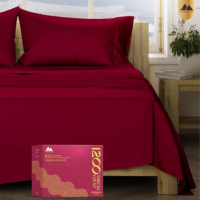 Mayfair Linen 100% Egyptian Cotton Sheets King Size - Luxury 1200 High Thread Count Egyptian Cotton King Size Sheets Set (4 PC, Burgundy), Soft, Cooling, 17" Deep Pocket Sateen Weave Hotel Bedding