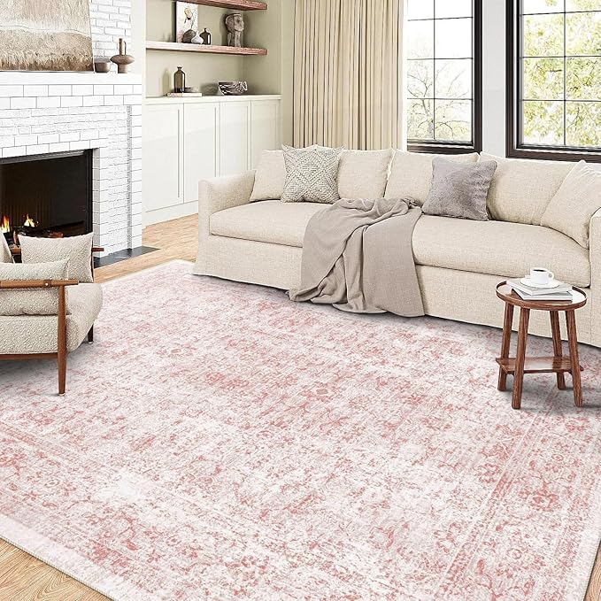 3x5 Rug, Small Area Rug for Living Room, Bedroom, Kitchen, Machine Washable Non-Slip Throw Rug, Vintage Distressed Floral Carpet for Entryway Nursery Dinner Room - Durable (Pink)