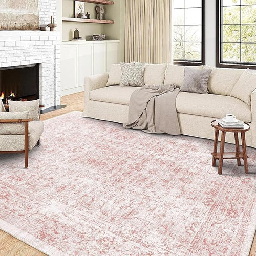 3x5 Rug, Small Area Rug for Living Room, Bedroom, Kitchen, Machine Washable Non-Slip Throw Rug, Vintage Distressed Floral Carpet for Entryway Nursery Dinner Room - Durable (Pink)
