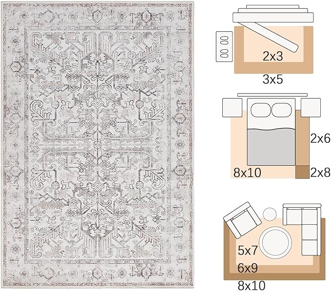 jinchan Lima Runner Rug 2x6 - Vintage Hallway Machine Washable Rug Floral Non Slip with Rubber Backing Ultra-Thin Carpet Runner for Kitchen Bedroom Laundry Room Farmhouse Entryway (2x6ft, Taupe)