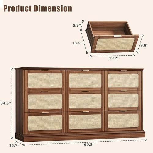 9 Drawer Dresser for Bedroom, 60 Inch Long Dressers & Rattan Chest of Drawers, Boho Style, Large TV Stand for 55, 65, 70 Inch TV, for Bedroom, Living Room, Entryway, Hallway, Walnut