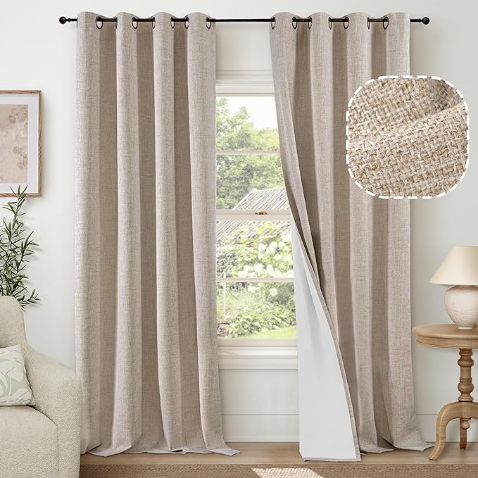 Beige 100% Blackout Curtains for Living Room 90 Inch Length 2 Panels Set, Thermal Insulated Light Blocking Faux Linen Curtains for Bedroom, Bronze Grommet Boho Window Drape Each 52" Wide