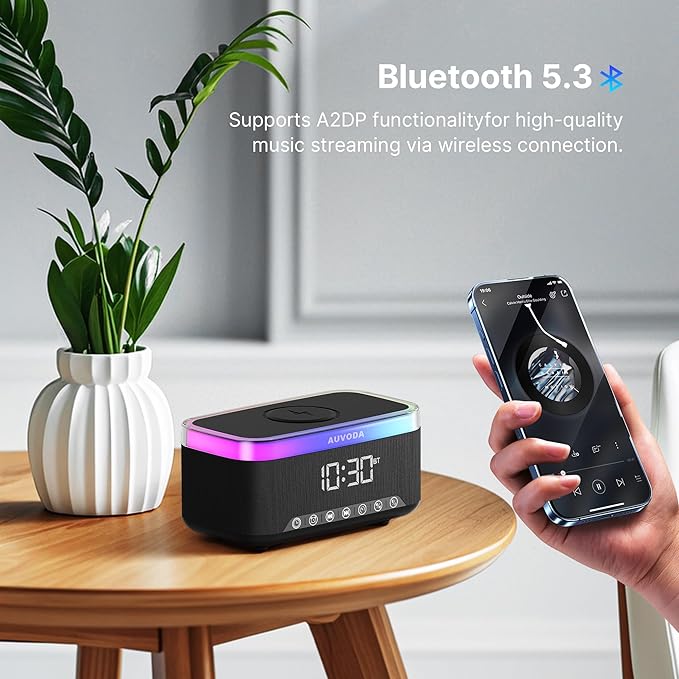 AUVODA S300 Portable Bluetooth Speaker with 15W Fast Wireless Charging, 13-Color Dimmable Night Light, White Noise, Alarm, FM Radio, 16W Stereo, BT5.3, TWS, for Home, Office, Bedroom (Black)