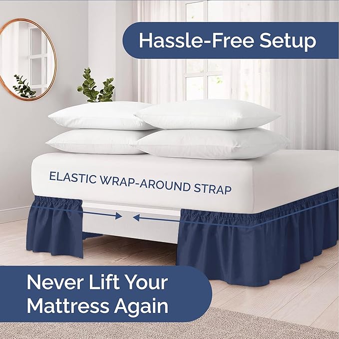 Wrap Around Dust Ruffle Bed Skirt - Navy Blue - Twin/Twin XL Size Beds with 21 Inch Drop - Elastic Strap - Adjustable Pleated Bedskirt with Brushed Fabric and Wrinkle Free - Women, Men, Kids & Teens