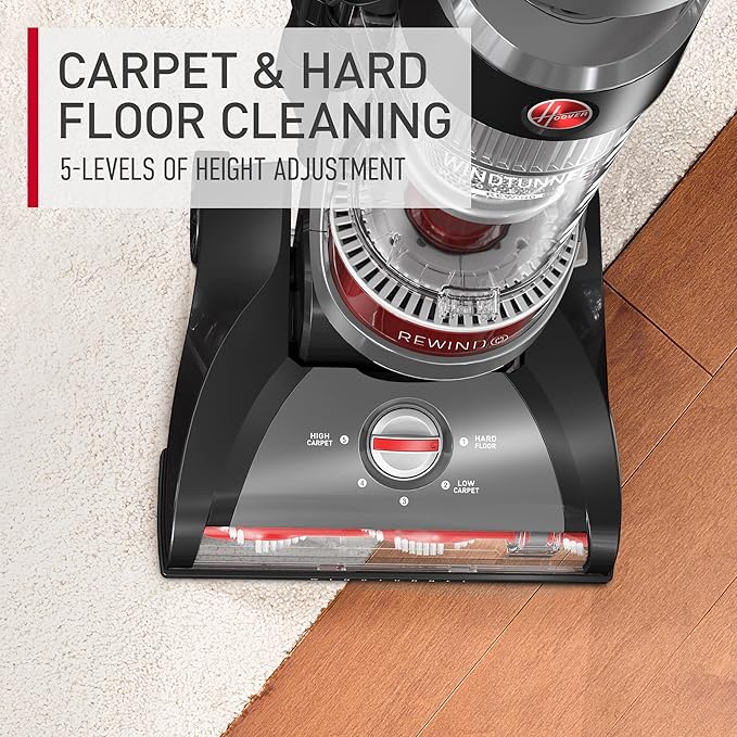 Hoover WindTunnel Whole House Rewind Bagless Vacuum Cleaner, Corded Upright Vac, HEPA Media Filtration, Automatic Cord Rewind, Corded Vacuum Cleaners for Home Use