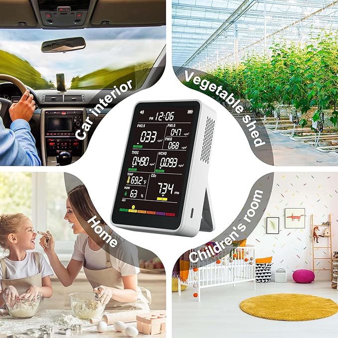 Professional Indoor Air Quality Monitor with AQI Alarms, Portable Real-Time Detector for Home Cars Plants and Pets (Cold White)