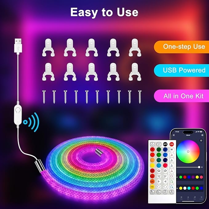 maylit 360 Degree Luminous Reticulate Weave Rope Lights, 10ft Addressable ICRGB LED Strip Lights, Music Sync, DIY Design, USB Powered Flexible LED Lights for Gaming Room Living Bedroom Wall Decor
