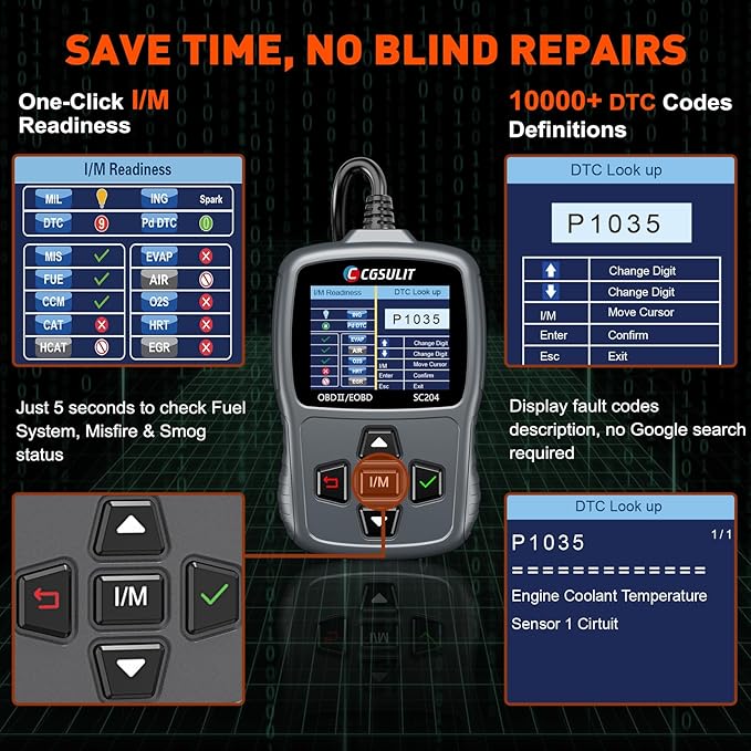 CGSULIT Scan Tool SC204 OBD2 Scanner, Check Engine Light Code Reader with Reset, One-Click I/M, Clear Error Code, DTC Lookup & More, Car Diagnostic Tool for All OBDII/EOBD Vehicles After 1996, Grey