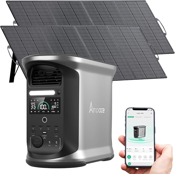 AMPACE Andes 1500 Portable Power Station with 2X200W Solar Panels 2400W(Surge 3600W), 1462Wh Solar Generator, LiFePO4 Battery, APP Control, Emergency Power for Home Backup, Camping, RV, Emergency