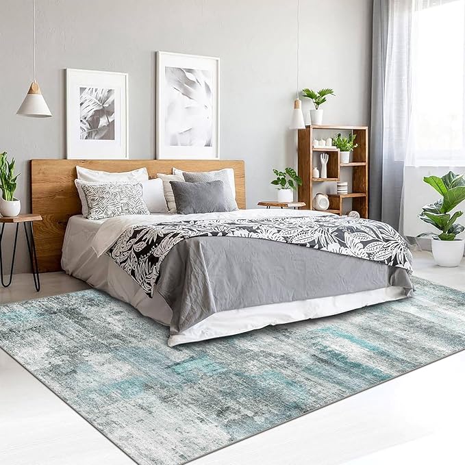 8x10 Area Rugs for Living Room, Non-Slip Backing Washable Rug 8x10, Large Area Rug Soft Carpet for Bedroom Dining Room, Modern Abstract, Easy Clean, Durable, Low Pile Rug Under Table, Teal